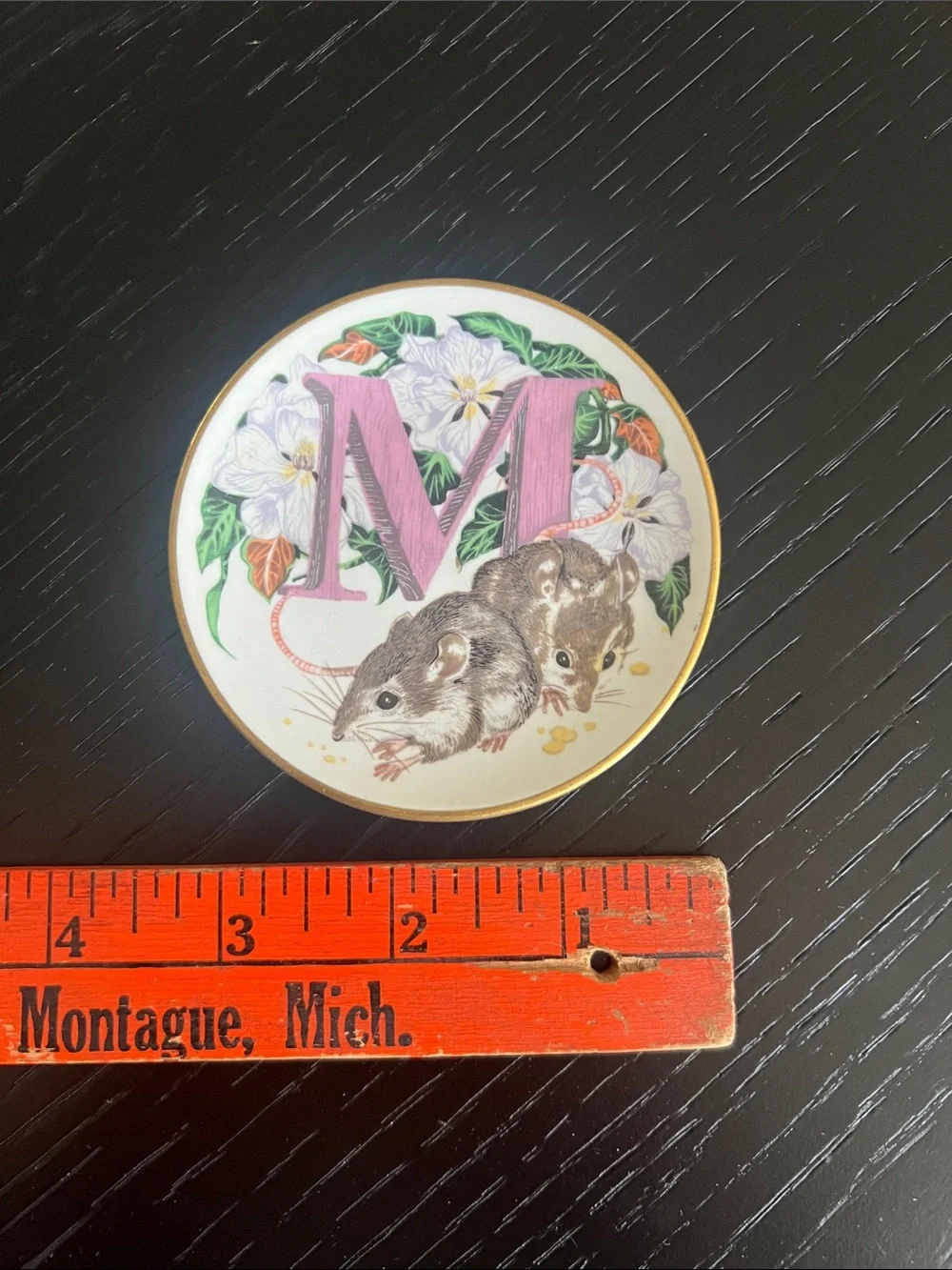 Franklin Mint Ceramic Mini Plate with Pink Letter M and Mice